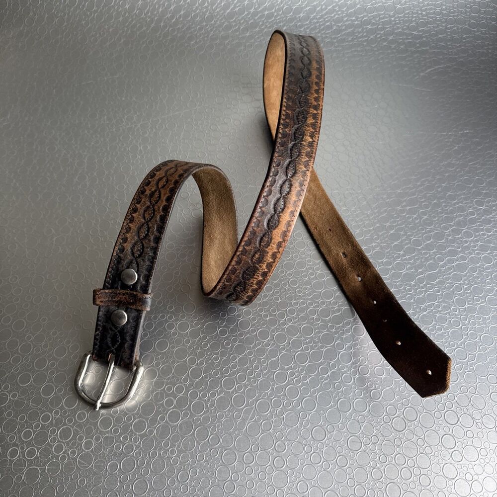 Vintage Distressed Western Tooled Leather Belt Interchangeable Buckle - Size 42